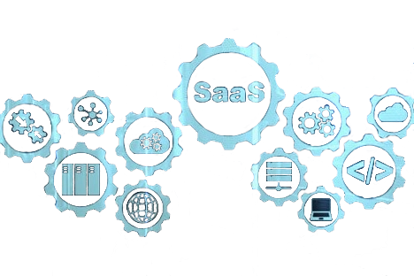 Icons aus dem Bereich Softwareentwicklung mit SaaS, Code-Klammern, Zahnrädern und Automatisierungssymbolen