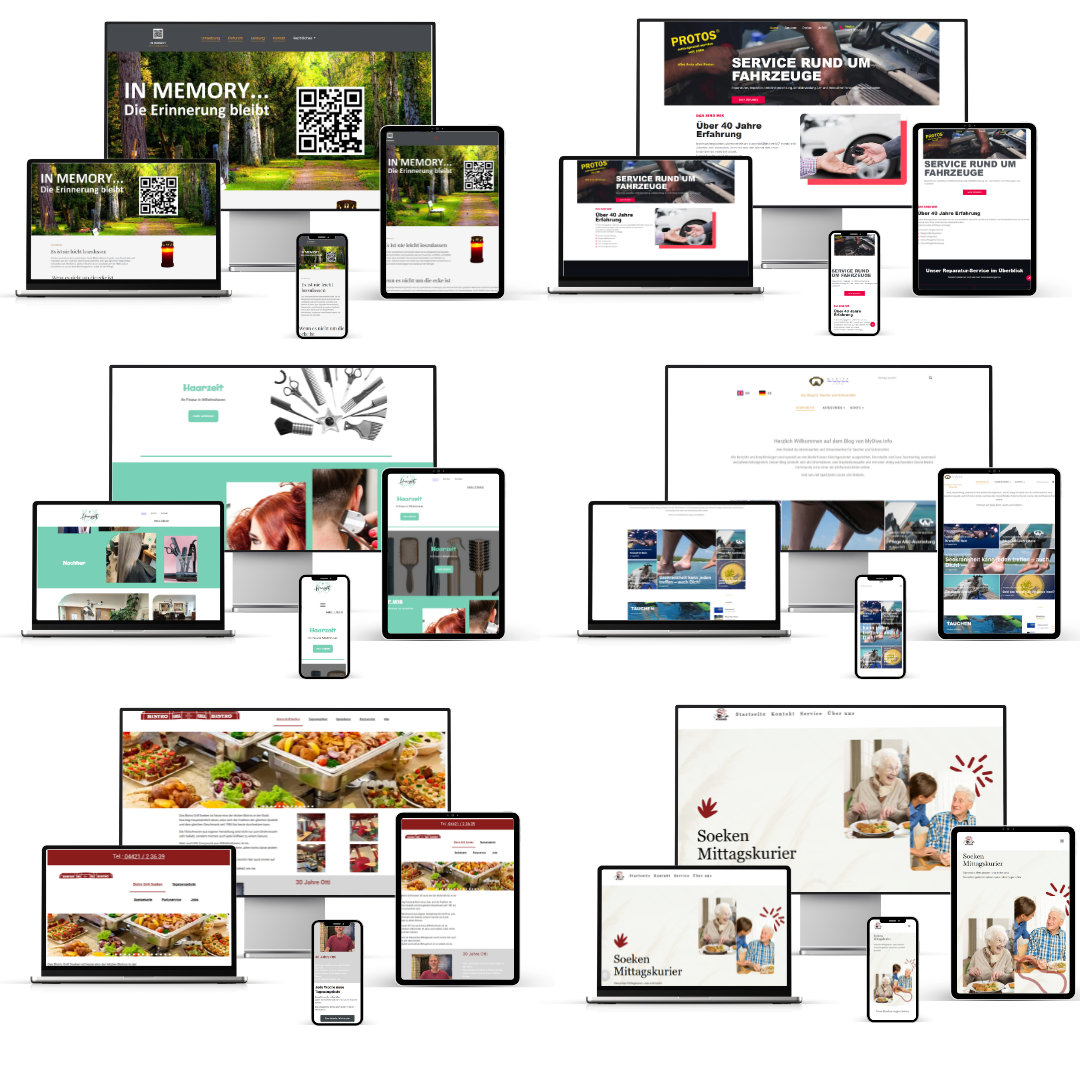 Webdesign-Arbeiten auf verschiedenen Endgeräten: Desktop, Laptop, Tablet und Smartphone